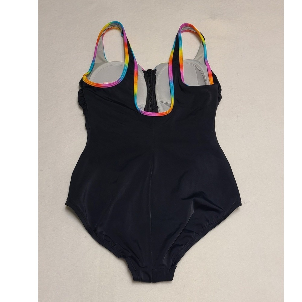 ShapeSolver Sport Mimi Flamingo Black Rainbow Zip Front One Piece Swimsuit 6 NEW - Picture 2 of 9